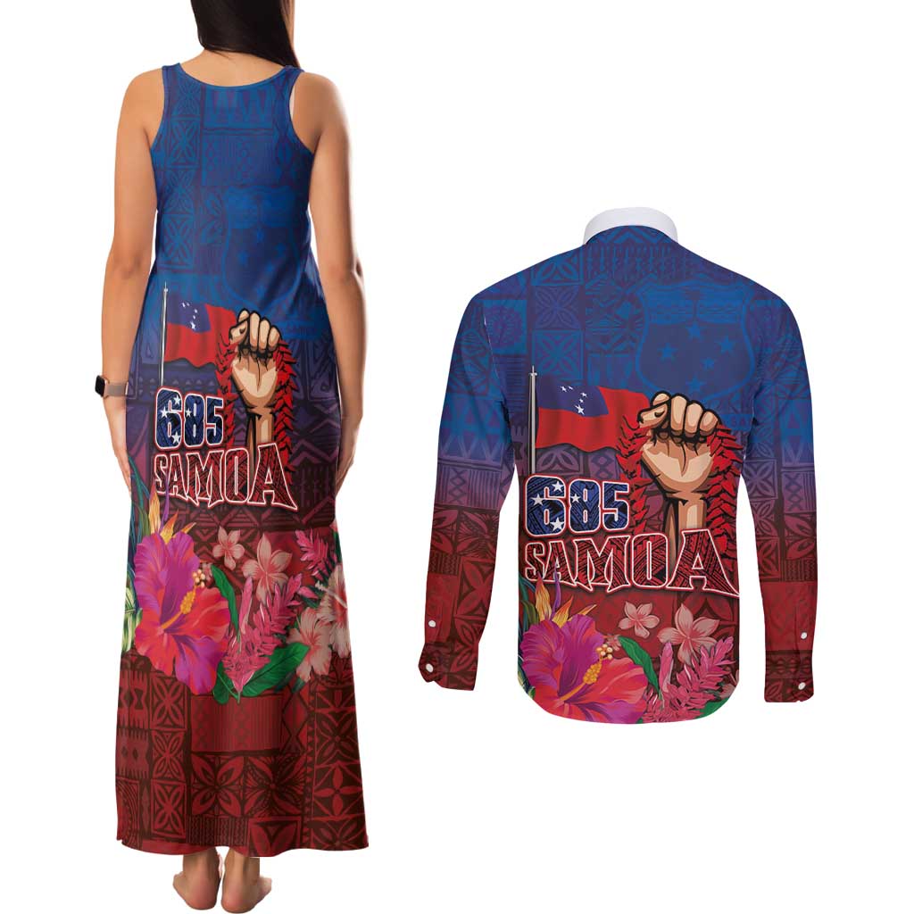 Proud of Samoa Couples Matching Tank Maxi Dress and Long Sleeve Button Shirt Ula Nifo with Samoa 685 and Hibiscus Tapa Tribal Pattern