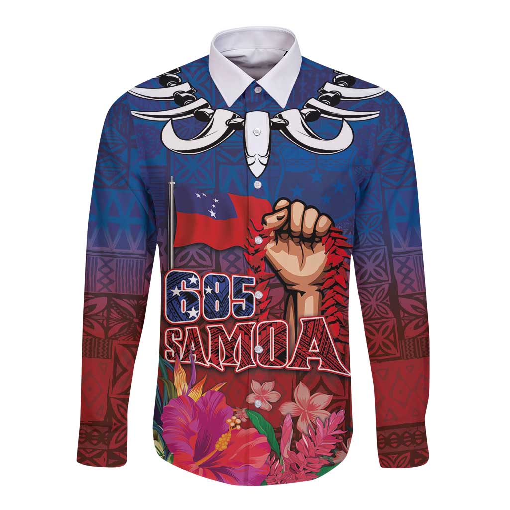 Proud of Samoa Long Sleeve Button Shirt Ula Nifo with Samoa 685 and Hibiscus Tapa Tribal Pattern LT03 Unisex Blue - Polynesian Pride
