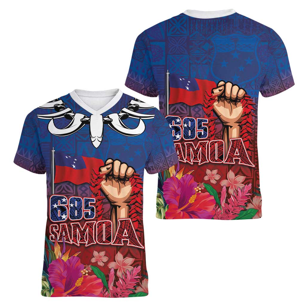 Proud of Samoa Women V-Neck T-Shirt Ula Nifo with Samoa 685 and Hibiscus Tapa Tribal Pattern