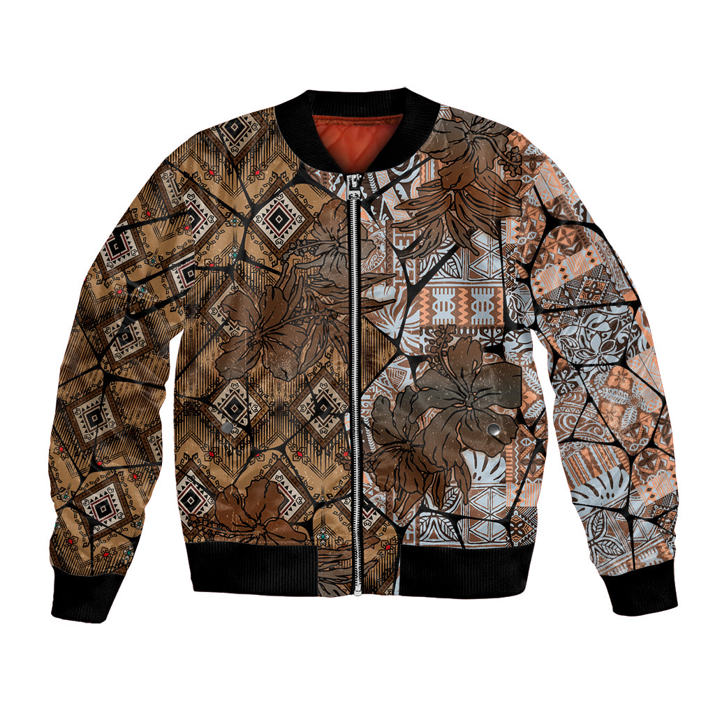 Fiji Masi Tapa Tribal Bomber Jacket Old Hibiscus Vintage Style LT03 Unisex Brown - Polynesian Pride