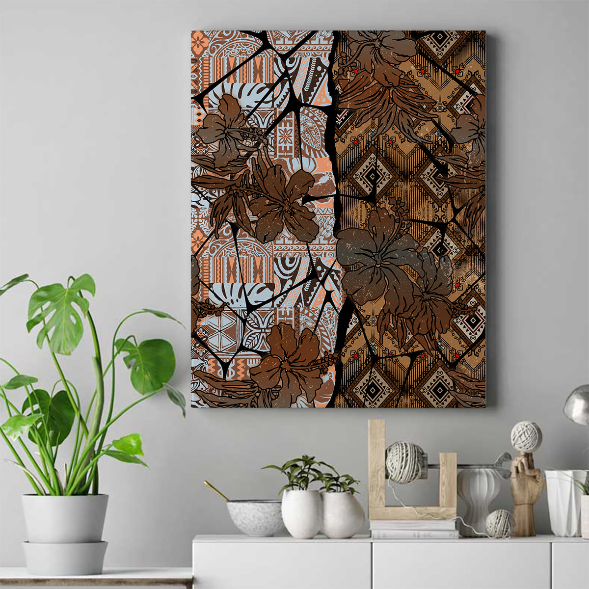 Fiji Masi Tapa Tribal Canvas Wall Art Old Hibiscus Vintage Style LT03 Brown - Polynesian Pride