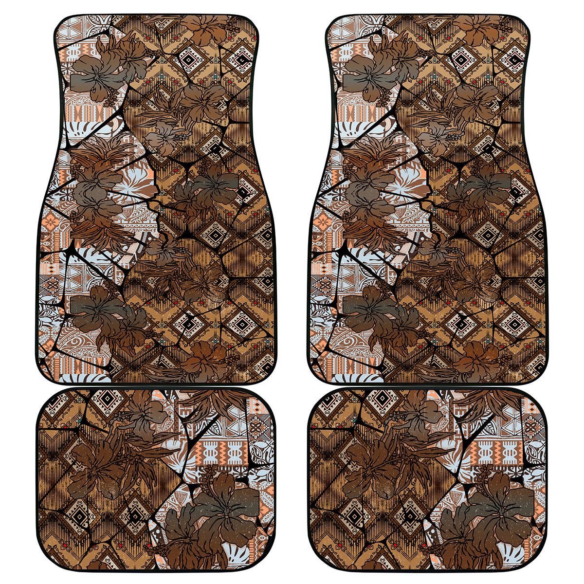 Fiji Masi Tapa Tribal Car Mats Old Hibiscus Vintage Style LT03 Brown - Polynesian Pride