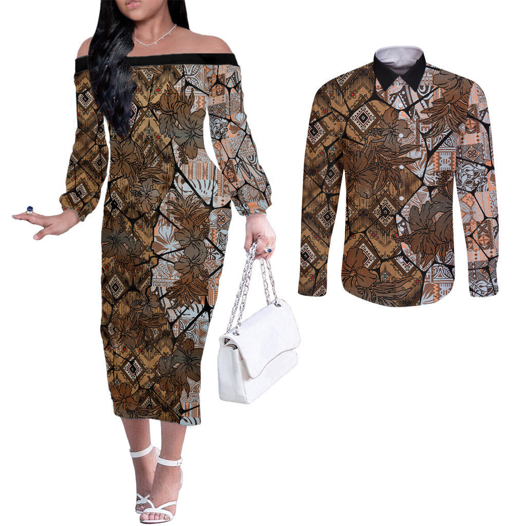 Fiji Masi Tapa Tribal Couples Matching Off The Shoulder Long Sleeve Dress and Long Sleeve Button Shirt Old Hibiscus Vintage Style LT03 Brown - Polynesian Pride