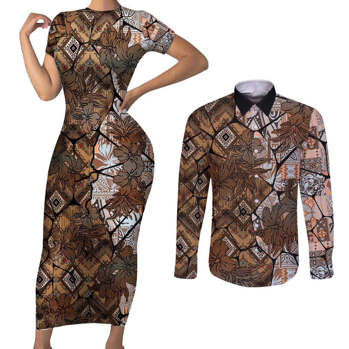 Fiji Masi Tapa Tribal Couples Matching Short Sleeve Bodycon Dress and Long Sleeve Button Shirt Old Hibiscus Vintage Style LT03 Brown - Polynesian Pride