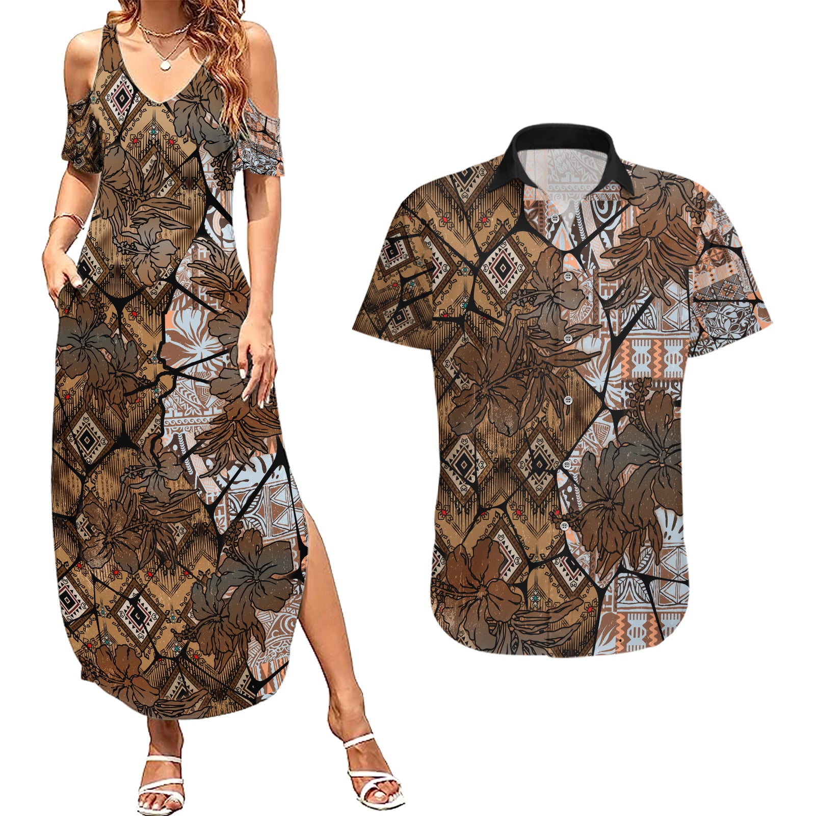 Fiji Masi Tapa Tribal Couples Matching Summer Maxi Dress and Hawaiian Shirt Old Hibiscus Vintage Style LT03 Brown - Polynesian Pride