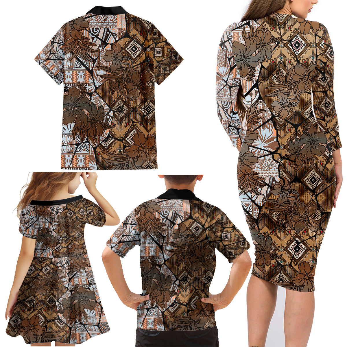 Fiji Masi Tapa Tribal Family Matching Long Sleeve Bodycon Dress and Hawaiian Shirt Old Hibiscus Vintage Style LT03 - Polynesian Pride