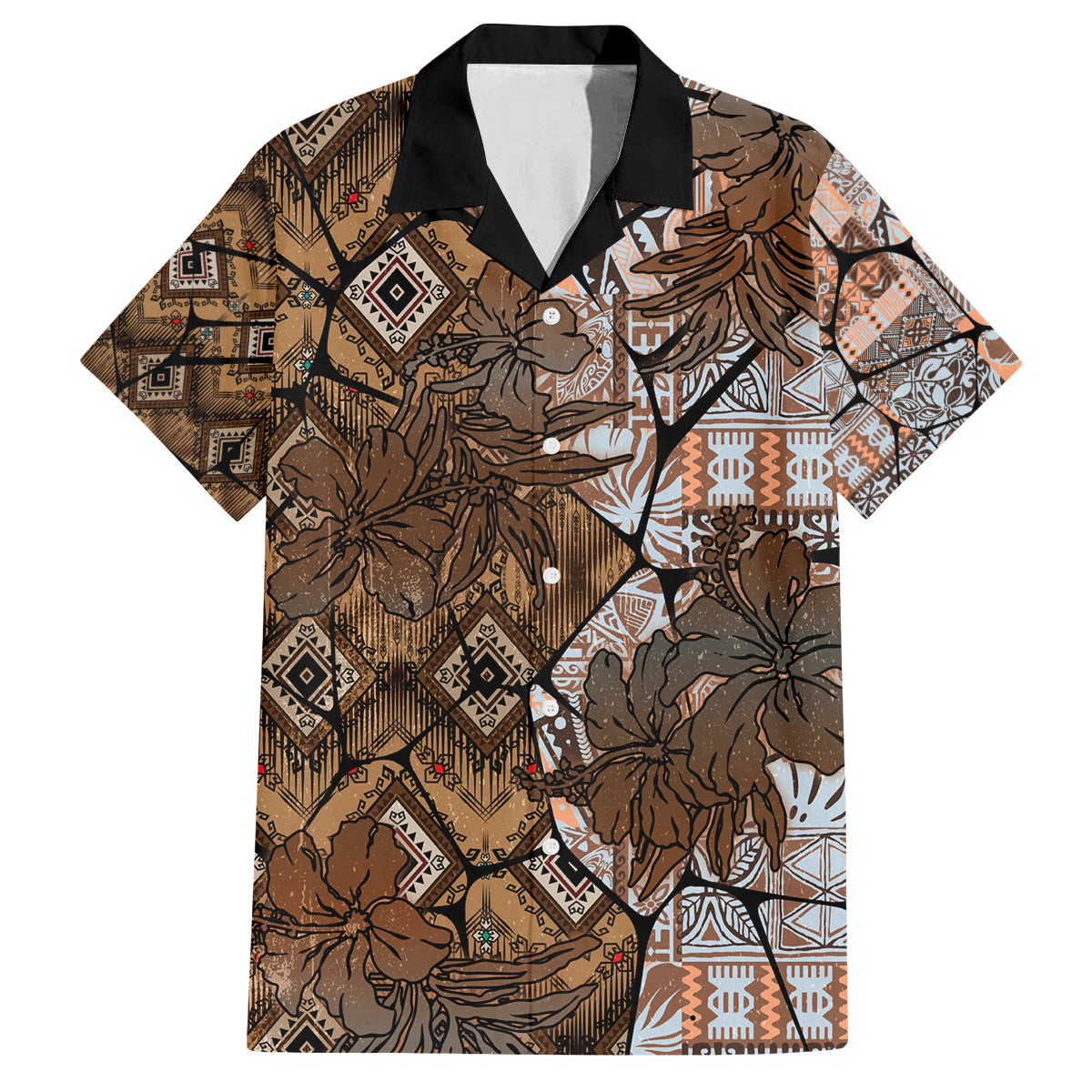 Fiji Masi Tapa Tribal Family Matching Off Shoulder Maxi Dress and Hawaiian Shirt Old Hibiscus Vintage Style LT03 Dad's Shirt - Short Sleeve Brown - Polynesian Pride