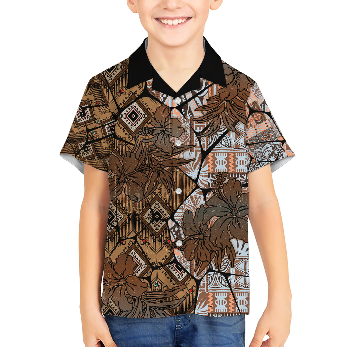 Fiji Masi Tapa Tribal Family Matching Short Sleeve Bodycon Dress and Hawaiian Shirt Old Hibiscus Vintage Style LT03 Son's Shirt Brown - Polynesian Pride