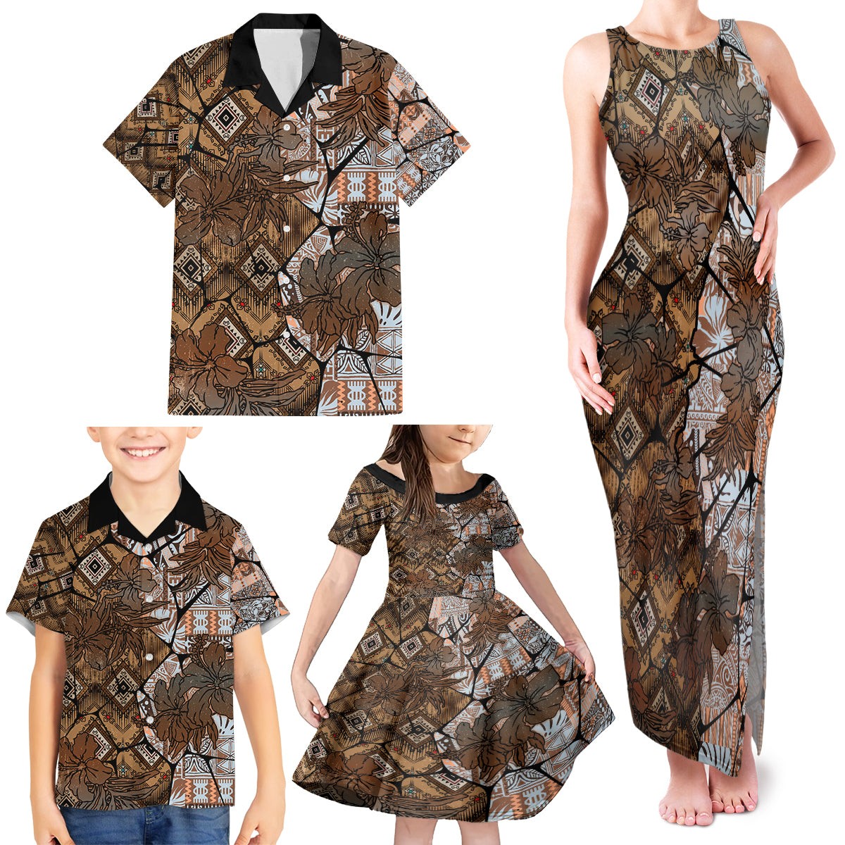 Fiji Masi Tapa Tribal Family Matching Tank Maxi Dress and Hawaiian Shirt Old Hibiscus Vintage Style LT03 - Polynesian Pride