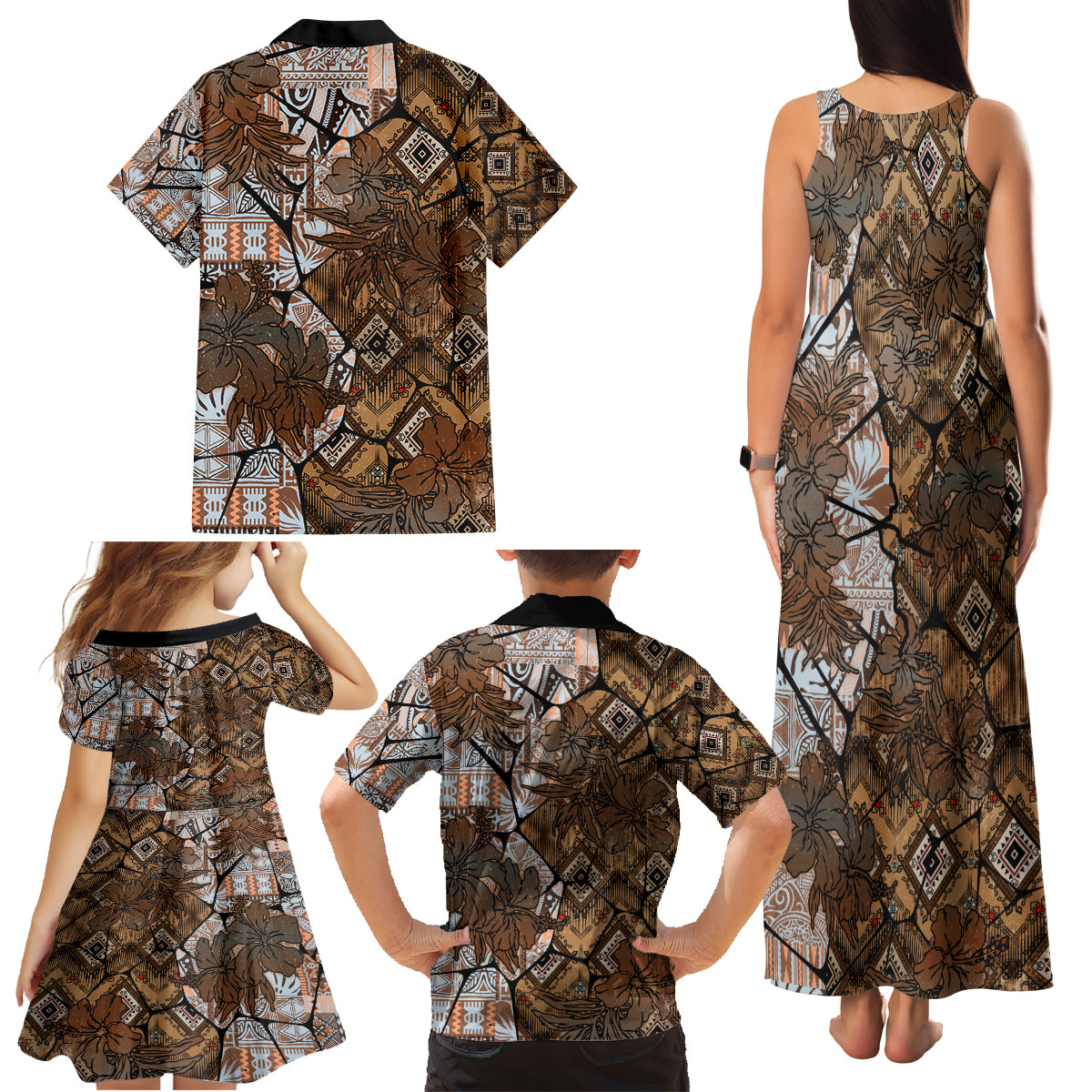 Fiji Masi Tapa Tribal Family Matching Tank Maxi Dress and Hawaiian Shirt Old Hibiscus Vintage Style LT03 - Polynesian Pride