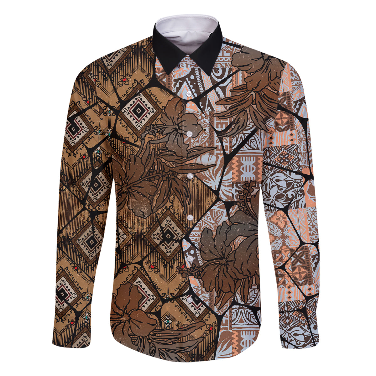 Fiji Masi Tapa Tribal Family Matching Tank Maxi Dress and Hawaiian Shirt Old Hibiscus Vintage Style LT03 Dad's Shirt - Long Sleeve Brown - Polynesian Pride