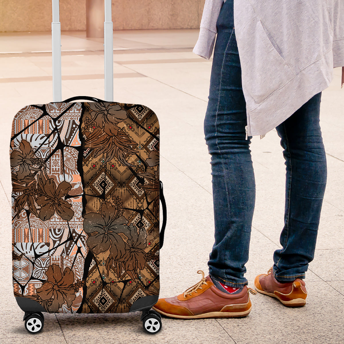 Fiji Masi Tapa Tribal Luggage Cover Old Hibiscus Vintage Style LT03 Brown - Polynesian Pride