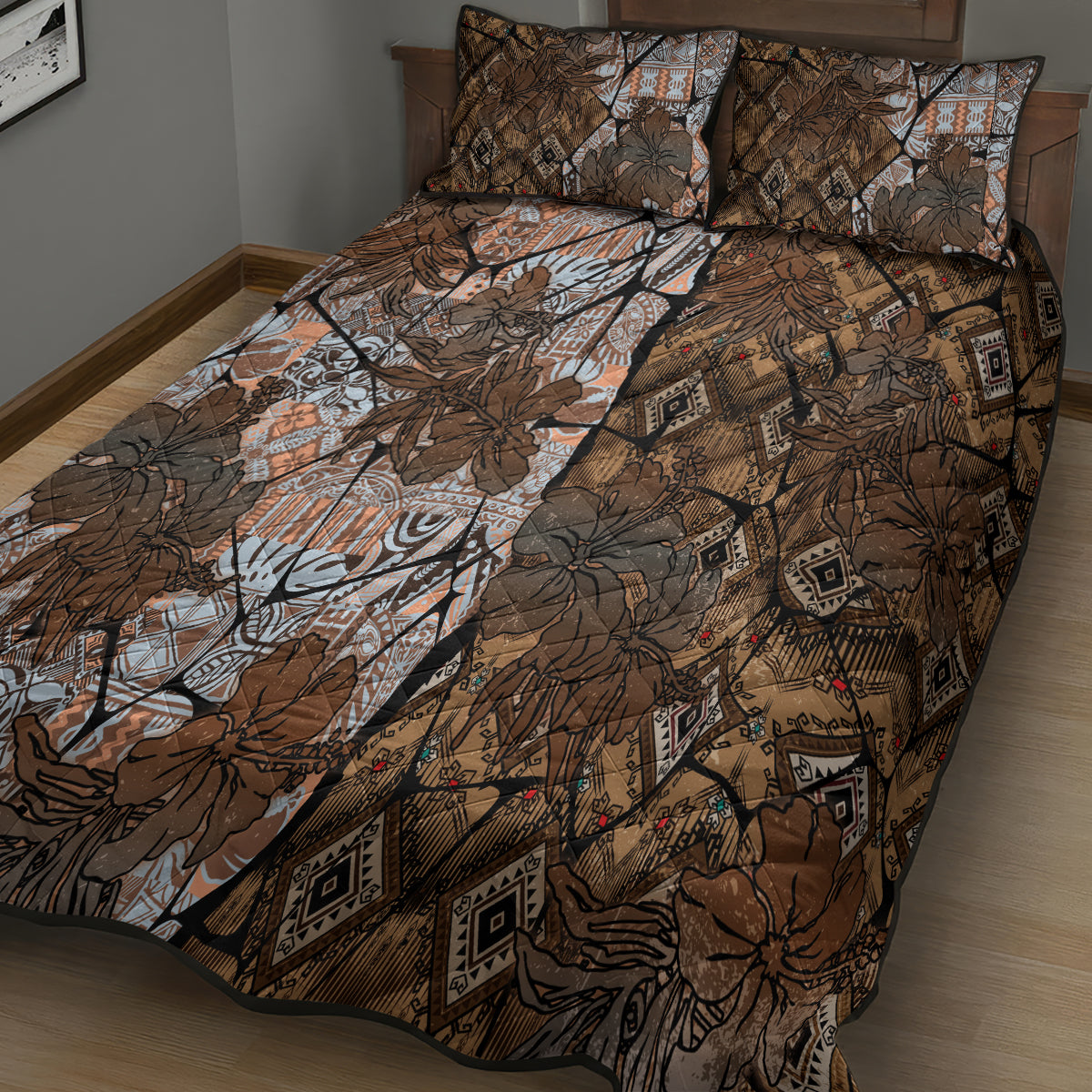 Fiji Masi Tapa Tribal Quilt Bed Set Old Hibiscus Vintage Style LT03 - Polynesian Pride