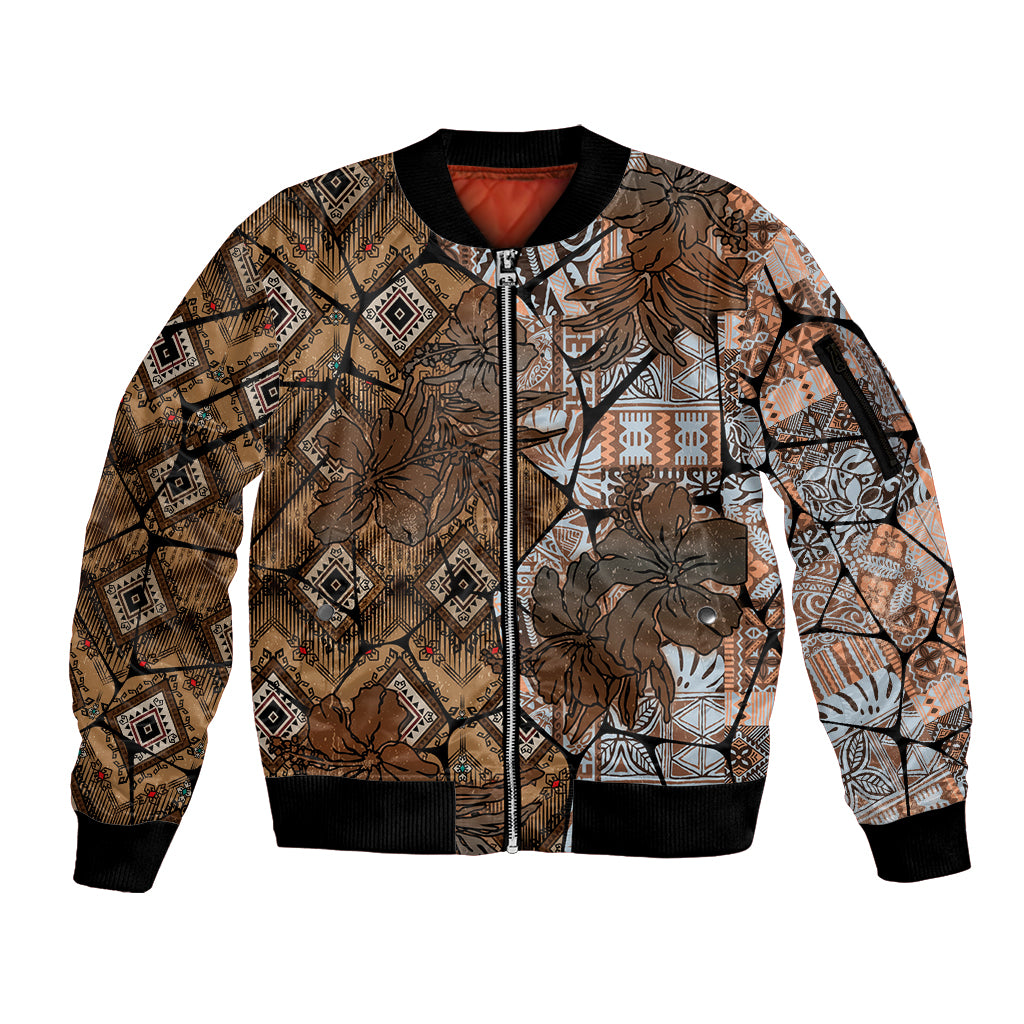 Fiji Masi Tapa Tribal Sleeve Zip Bomber Jacket Old Hibiscus Vintage Style LT03 Unisex Brown - Polynesian Pride