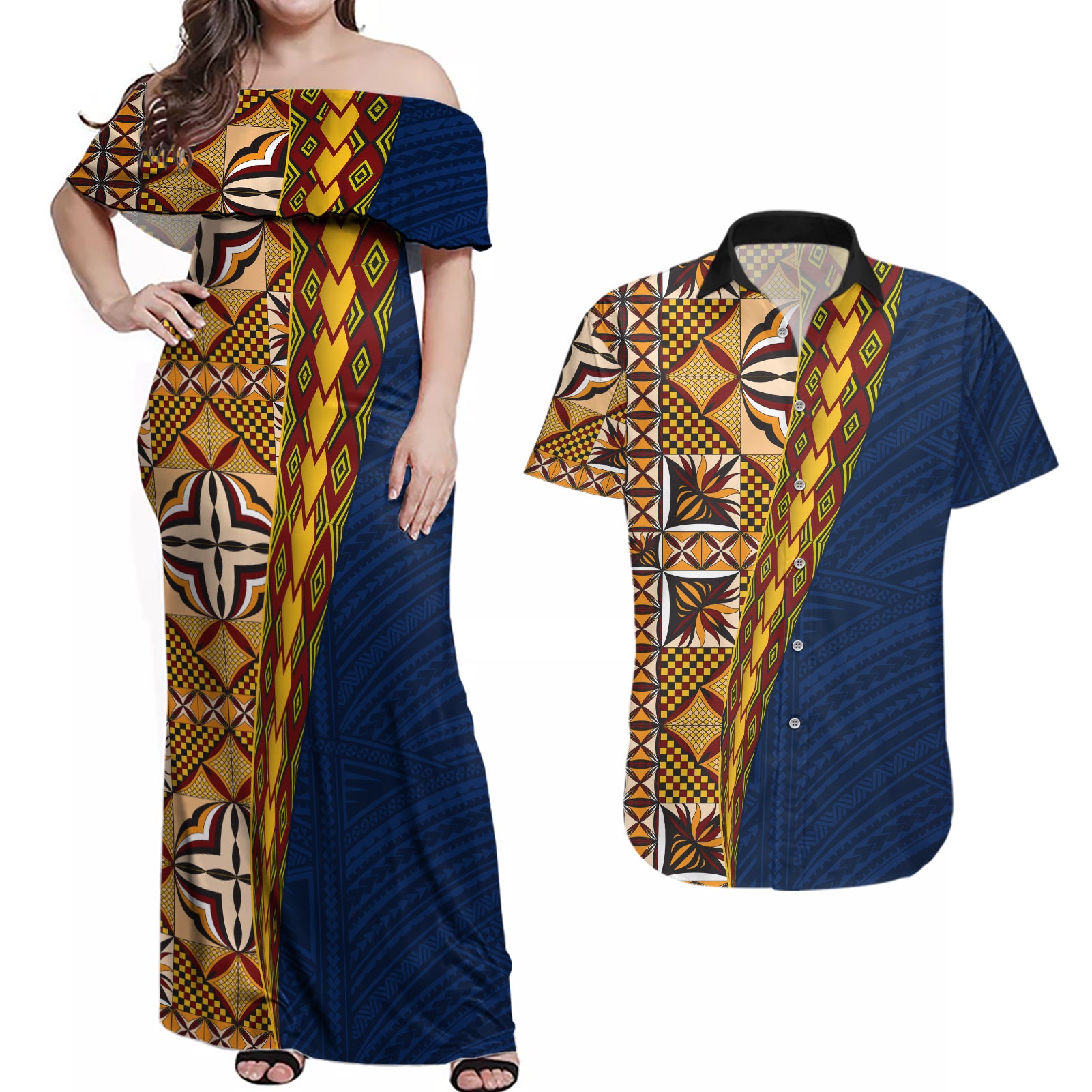 Samoan Siapo Couples Matching Off Shoulder Maxi Dress and Hawaiian Shirt Tatau Pattern Half Style LT03 Yellow - Polynesian Pride