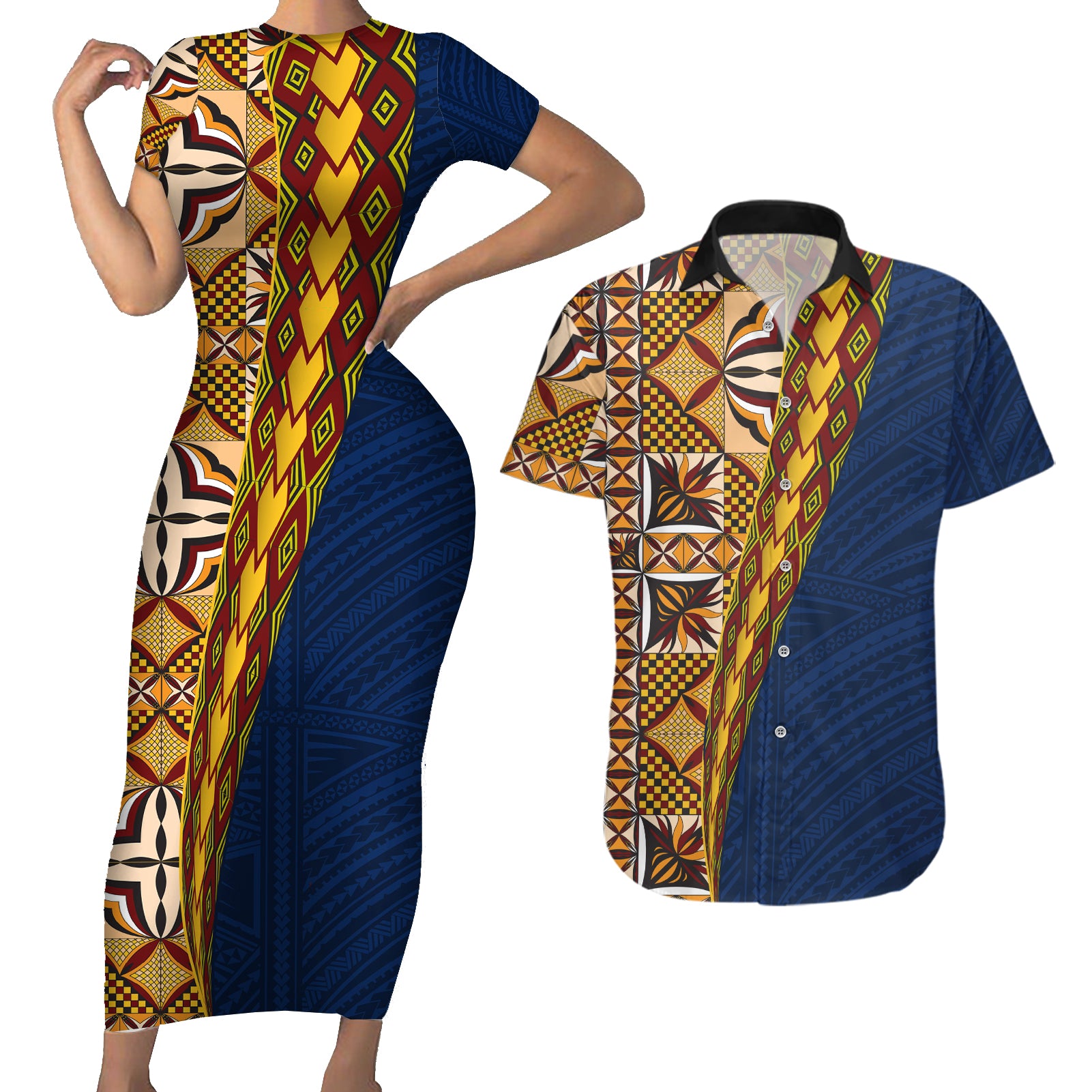 Samoan Siapo Couples Matching Short Sleeve Bodycon Dress and Hawaiian Shirt Tatau Pattern Half Style LT03 Yellow - Polynesian Pride