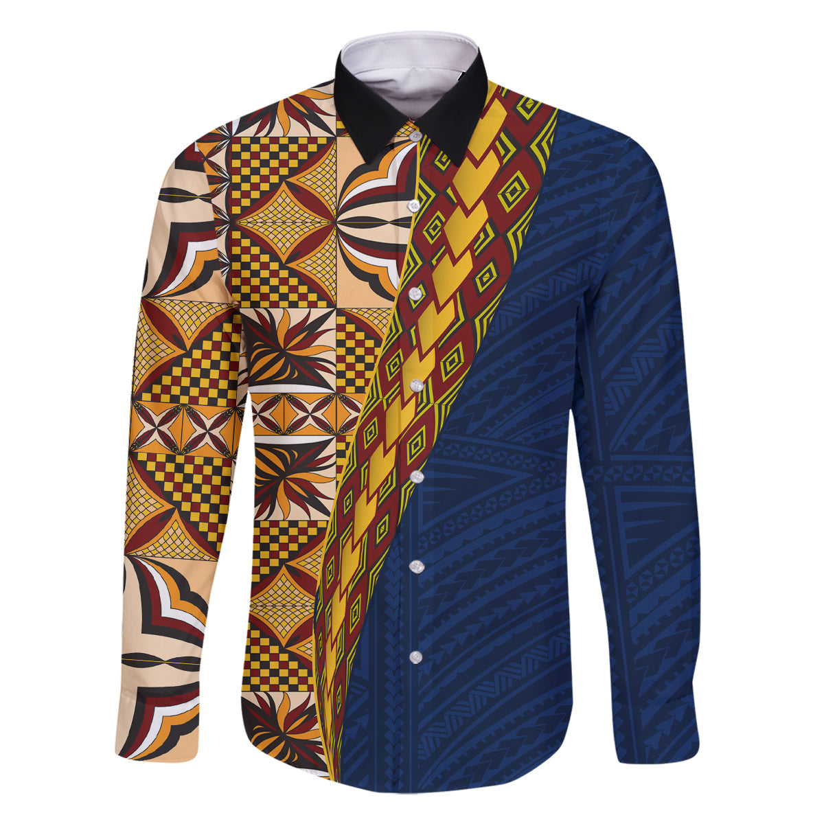 Samoan Siapo Family Matching Mermaid Dress and Hawaiian Shirt Tatau Pattern Half Style LT03 Dad's Shirt - Long Sleeve Yellow - Polynesian Pride