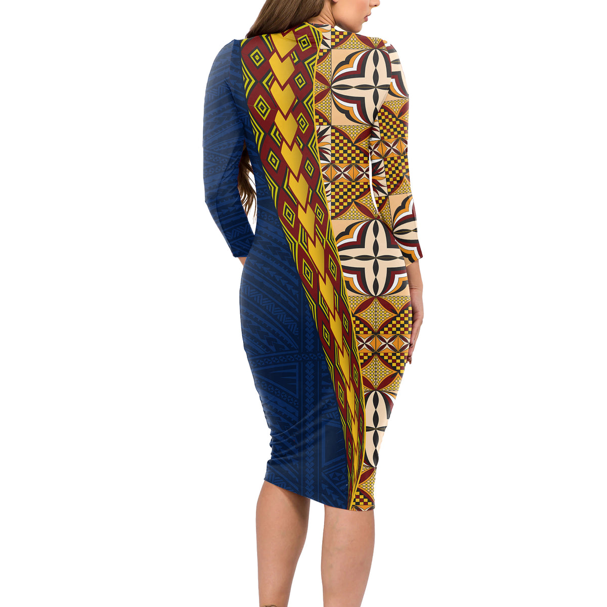 Samoan Siapo Long Sleeve Bodycon Dress Tatau Pattern Half Style LT03 - Polynesian Pride