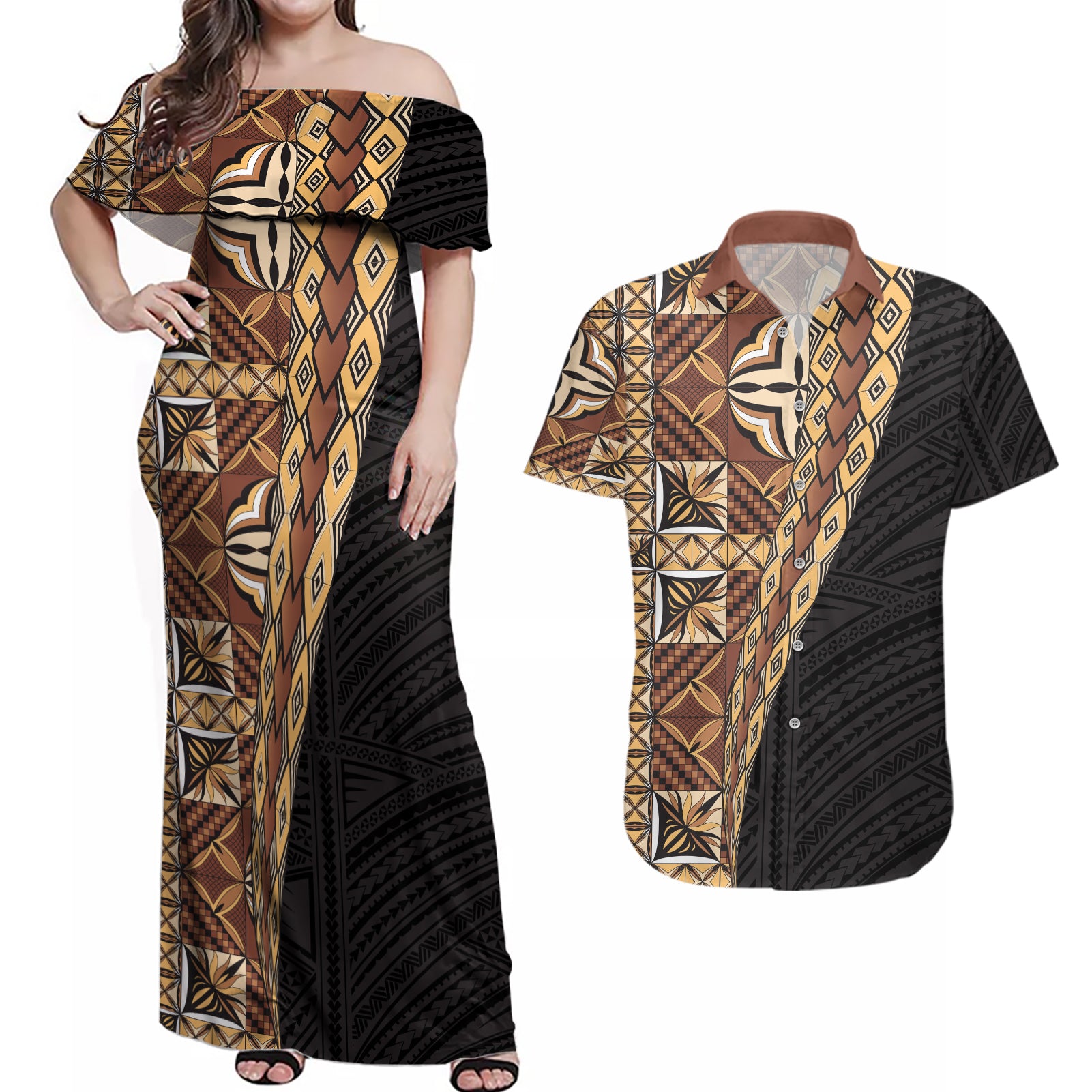 Samoan Siapo Couples Matching Off Shoulder Maxi Dress and Hawaiian Shirt Tatau Pattern Half Style Retro Mode LT03 Brown - Polynesian Pride