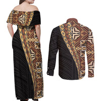 Samoan Siapo Couples Matching Off Shoulder Maxi Dress and Long Sleeve Button Shirt Tatau Pattern Half Style Retro Mode LT03 - Polynesian Pride