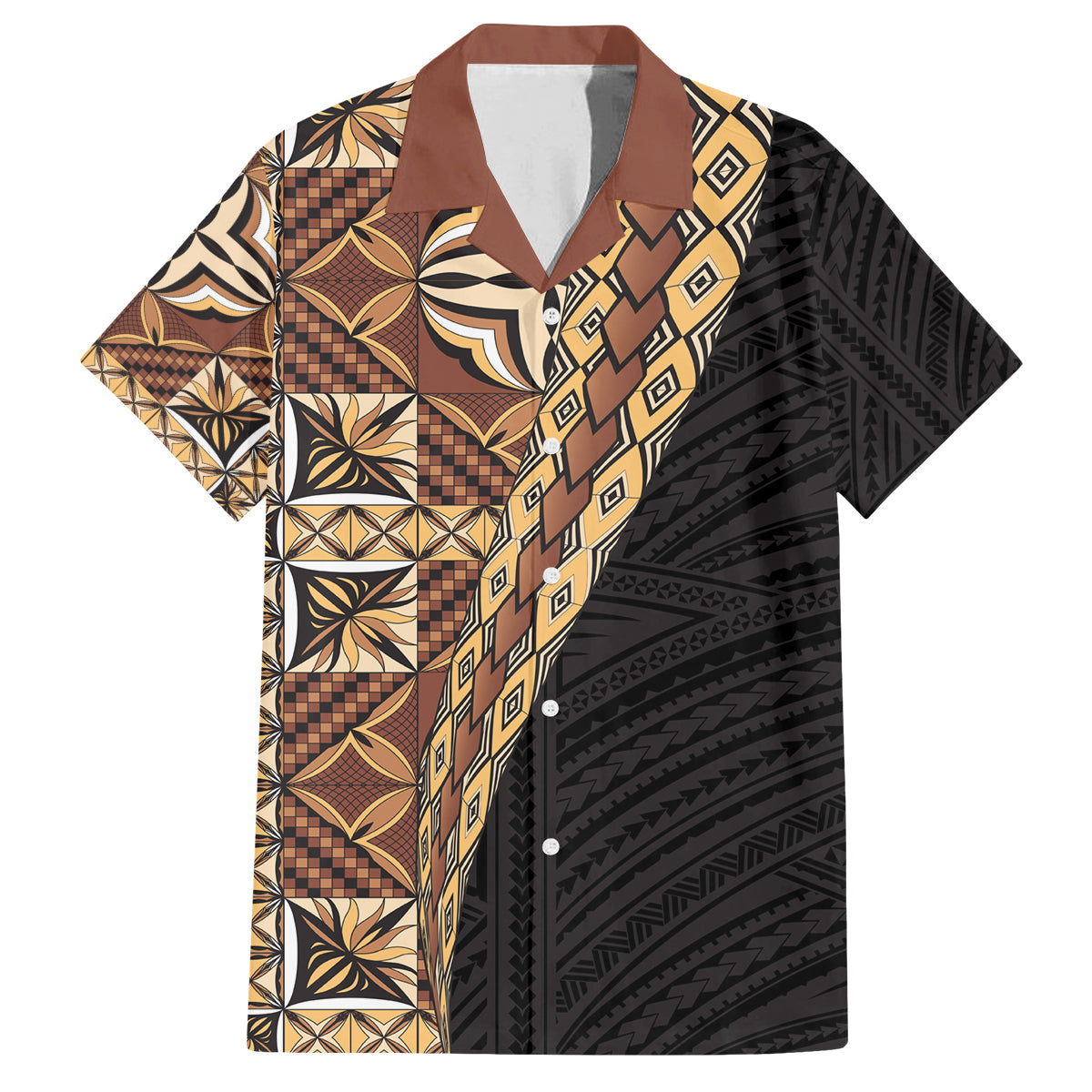 Samoan Siapo Family Matching Summer Maxi Dress and Hawaiian Shirt Tatau Pattern Half Style Retro Mode LT03 Dad's Shirt - Short Sleeve Brown - Polynesian Pride