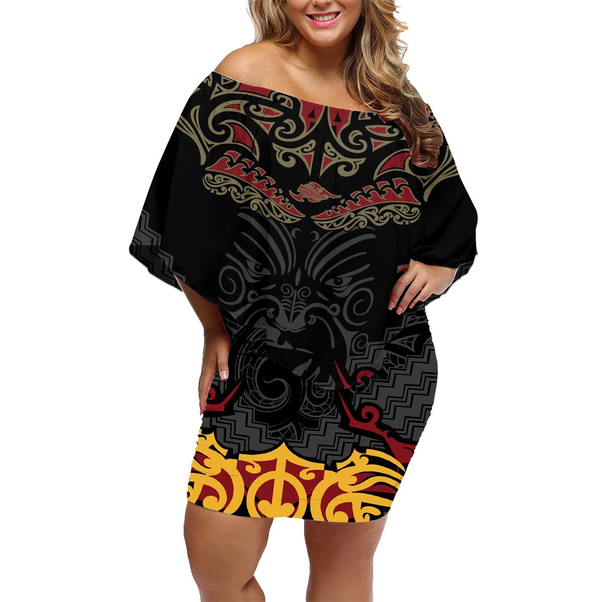 Custom New Zealand Rugby Family Matching Off Shoulder Short Dress and Hawaiian Shirt Black Fern Maori Tribal Pattern LT03 Mom's Dress Black - Polynesian Pride