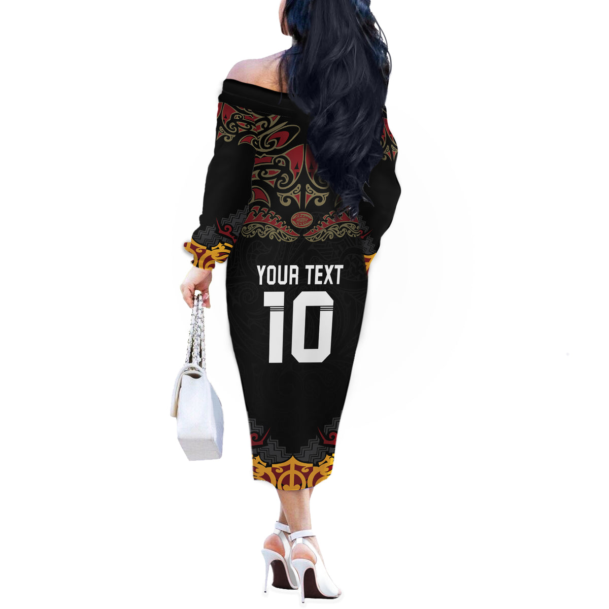 Custom New Zealand Rugby Off The Shoulder Long Sleeve Dress Black Fern Maori Tribal Pattern LT03 - Polynesian Pride