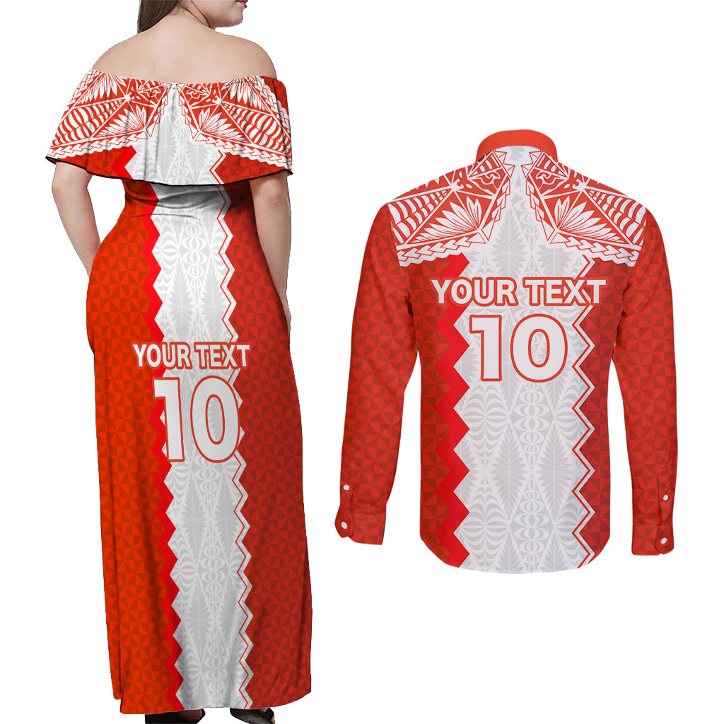 Custom Tonga Rugby Couples Matching Off Shoulder Maxi Dress and Long Sleeve Button Shirt Ikale Tahi Ngatu Tribal Pattern LT03