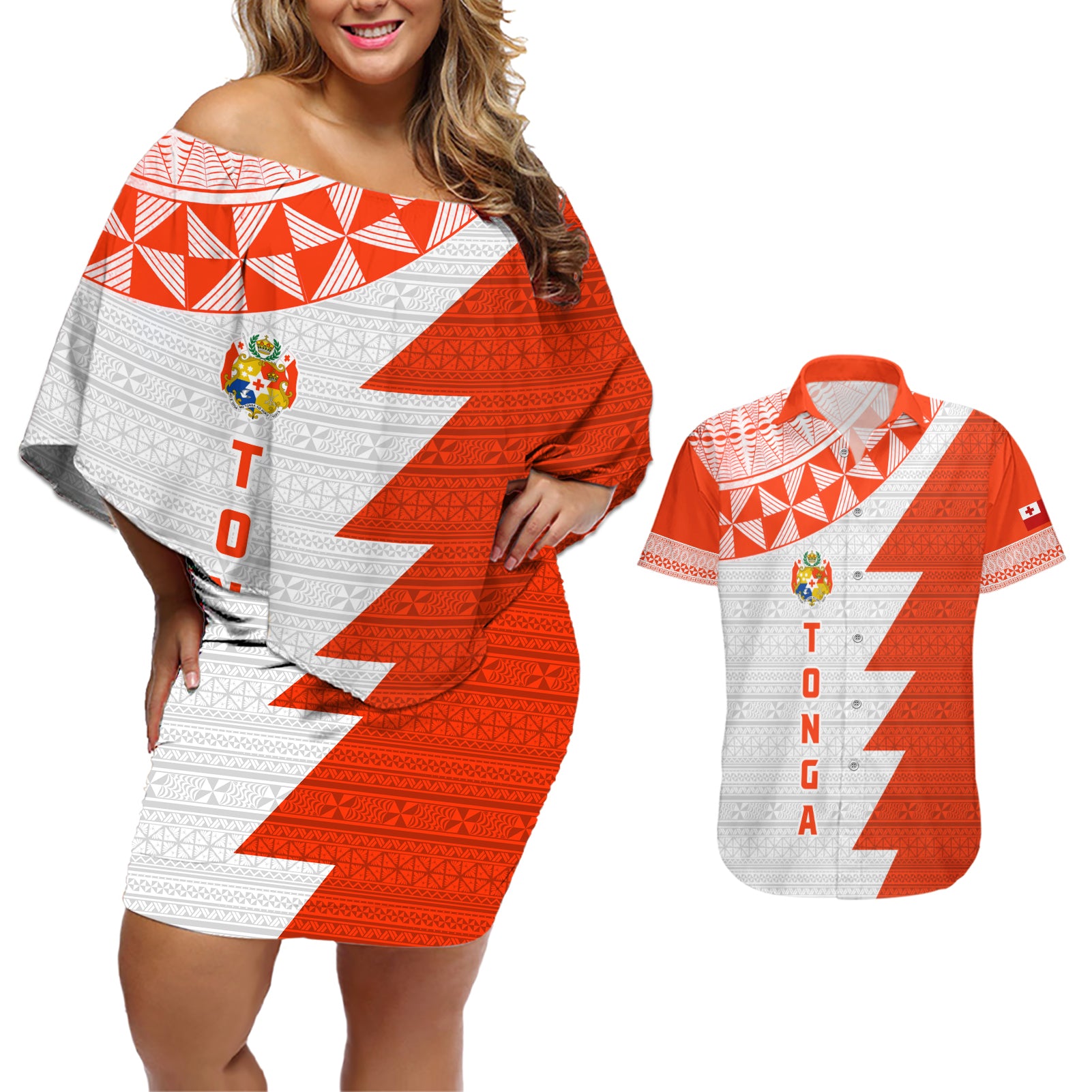 Custom Tonga Rugby Couples Matching Off Shoulder Short Dress and Hawaiian Shirt Ikale Tahi Ngatu Tribal Pattern Half Style LT03