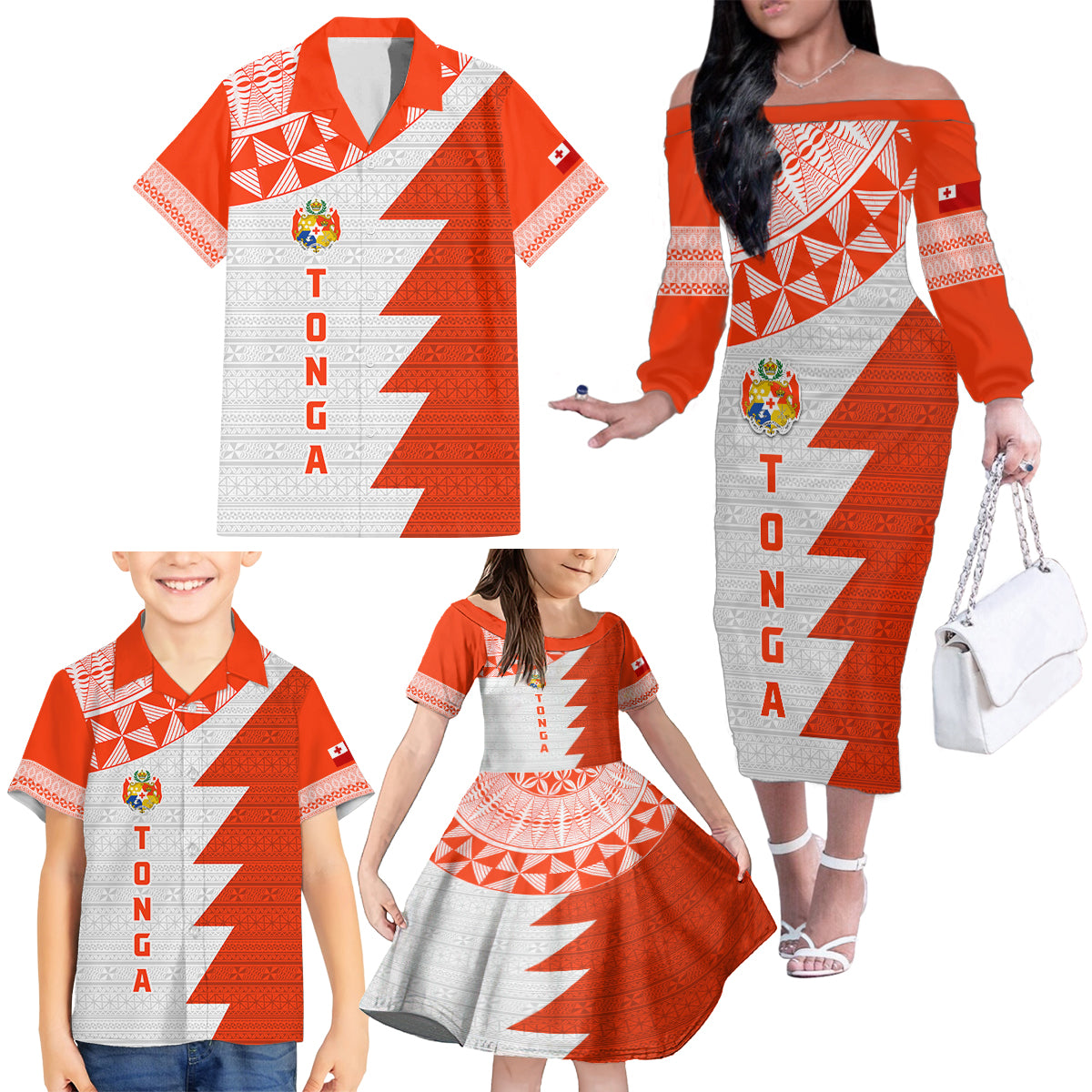 Custom Tonga Rugby Family Matching Off Shoulder Long Sleeve Dress and Hawaiian Shirt Ikale Tahi Ngatu Tribal Pattern Half Style LT03