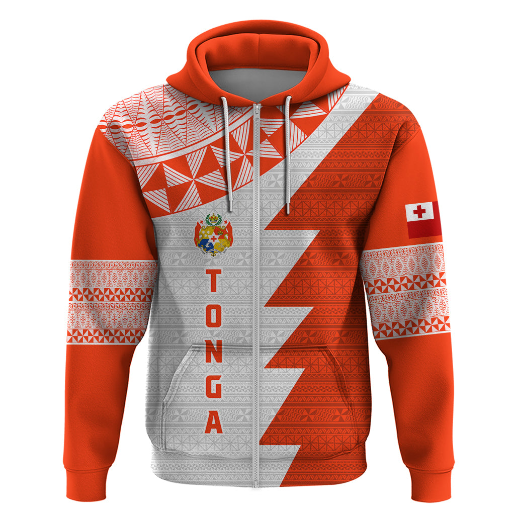 Custom Tonga Rugby Hoodie Ikale Tahi Ngatu Tribal Pattern Half Style LT03 Zip Hoodie Orange - Polynesian Pride