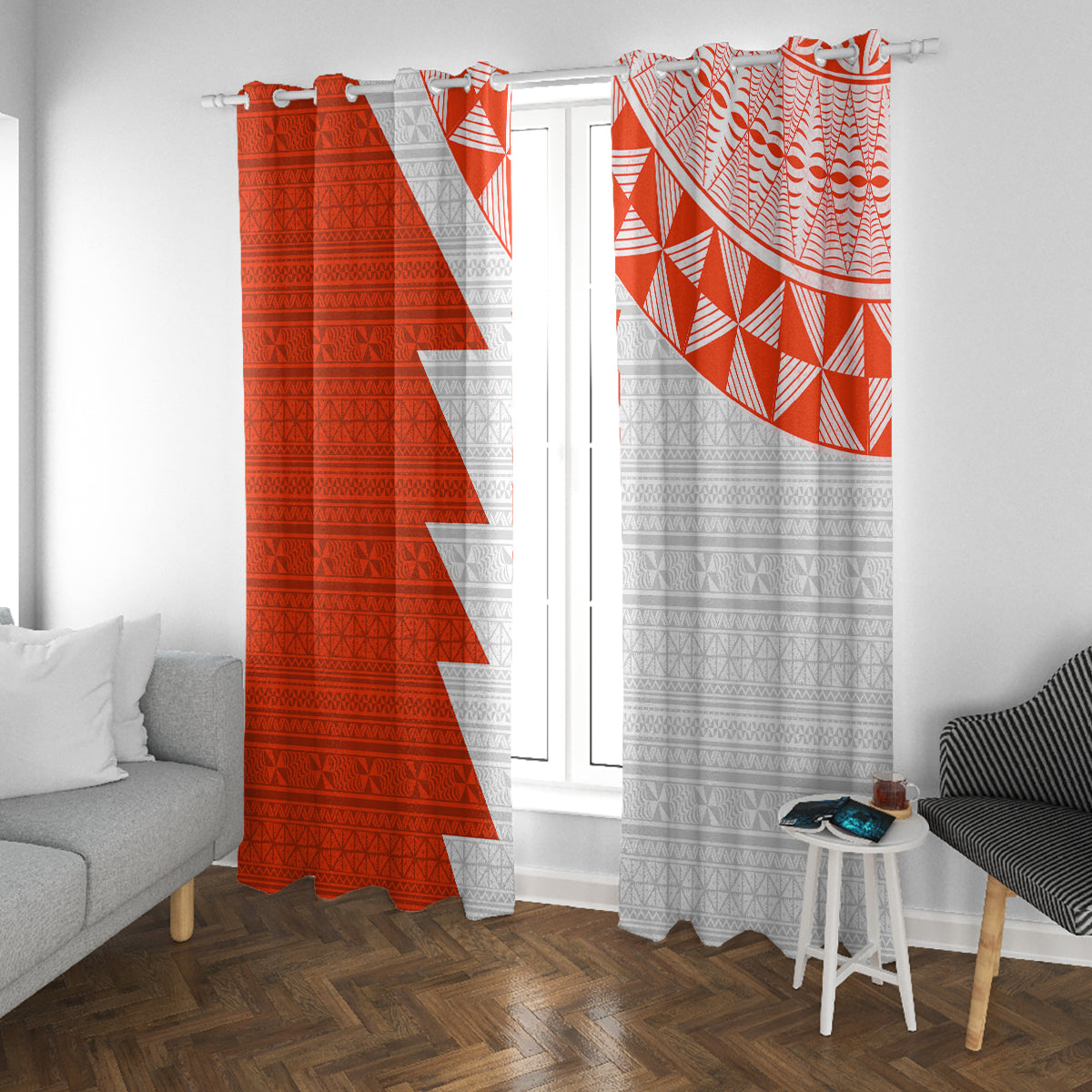 Custom Tonga Rugby Window Curtain Ikale Tahi Ngatu Tribal Pattern Half Style LT03 With Grommets Orange - Polynesian Pride