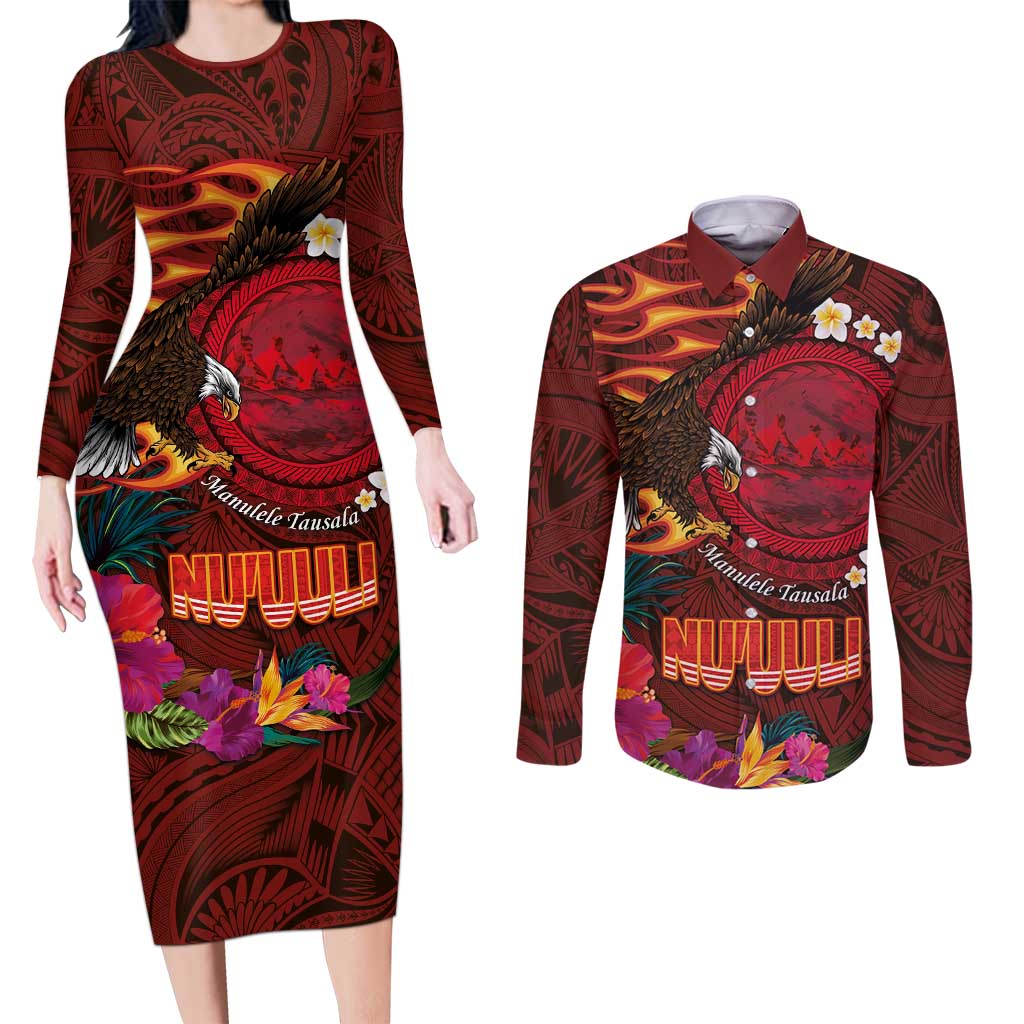 American Samoa Manulele Tausala Nu'uuli Couples Matching Long Sleeve Bodycon Dress and Long Sleeve Button Shirt Tatau Art Pattern with Tropical Plants LT03 Red - Polynesian Pride
