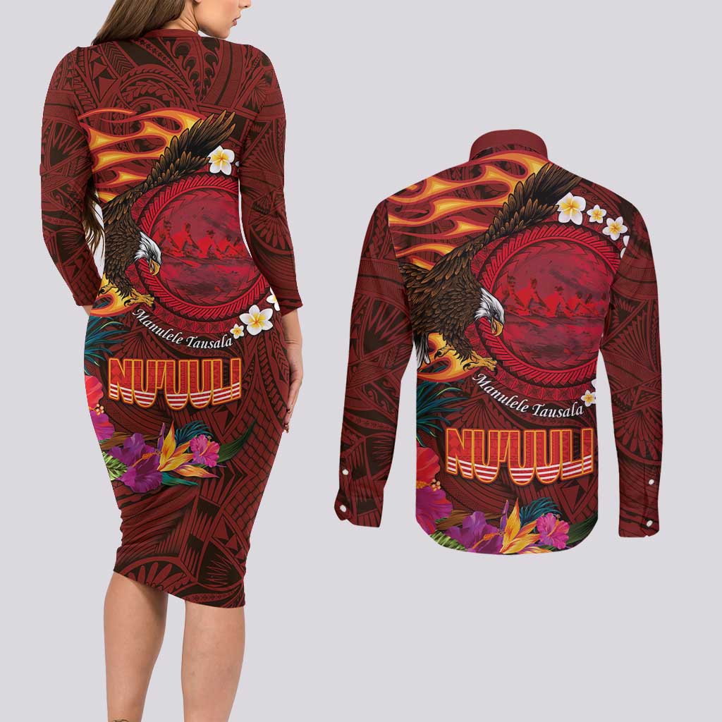American Samoa Manulele Tausala Nu'uuli Couples Matching Long Sleeve Bodycon Dress and Long Sleeve Button Shirt Tatau Art Pattern with Tropical Plants LT03 - Polynesian Pride