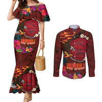 American Samoa Manulele Tausala Nu'uuli Couples Matching Mermaid Dress and Long Sleeve Button Shirt Tatau Art Pattern with Tropical Plants LT03 Red - Polynesian Pride
