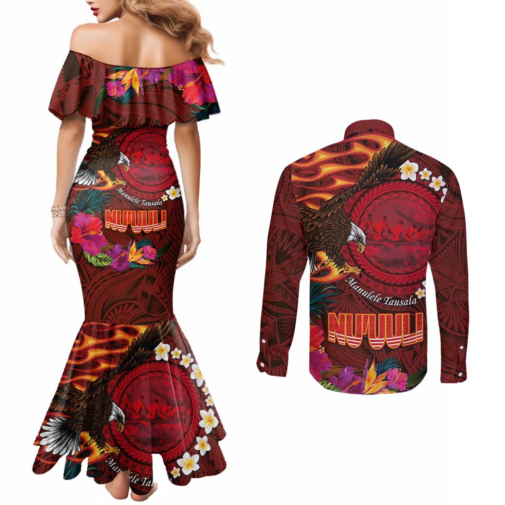 American Samoa Manulele Tausala Nu'uuli Couples Matching Mermaid Dress and Long Sleeve Button Shirt Tatau Art Pattern with Tropical Plants LT03 - Polynesian Pride