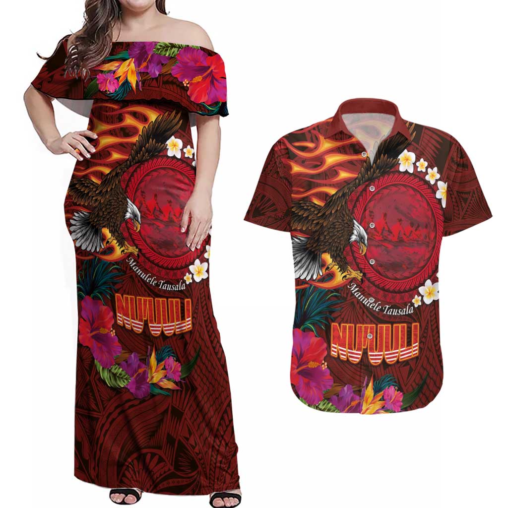 American Samoa Manulele Tausala Nu'uuli Couples Matching Off Shoulder Maxi Dress and Hawaiian Shirt Tatau Art Pattern with Tropical Plants LT03 Red - Polynesian Pride