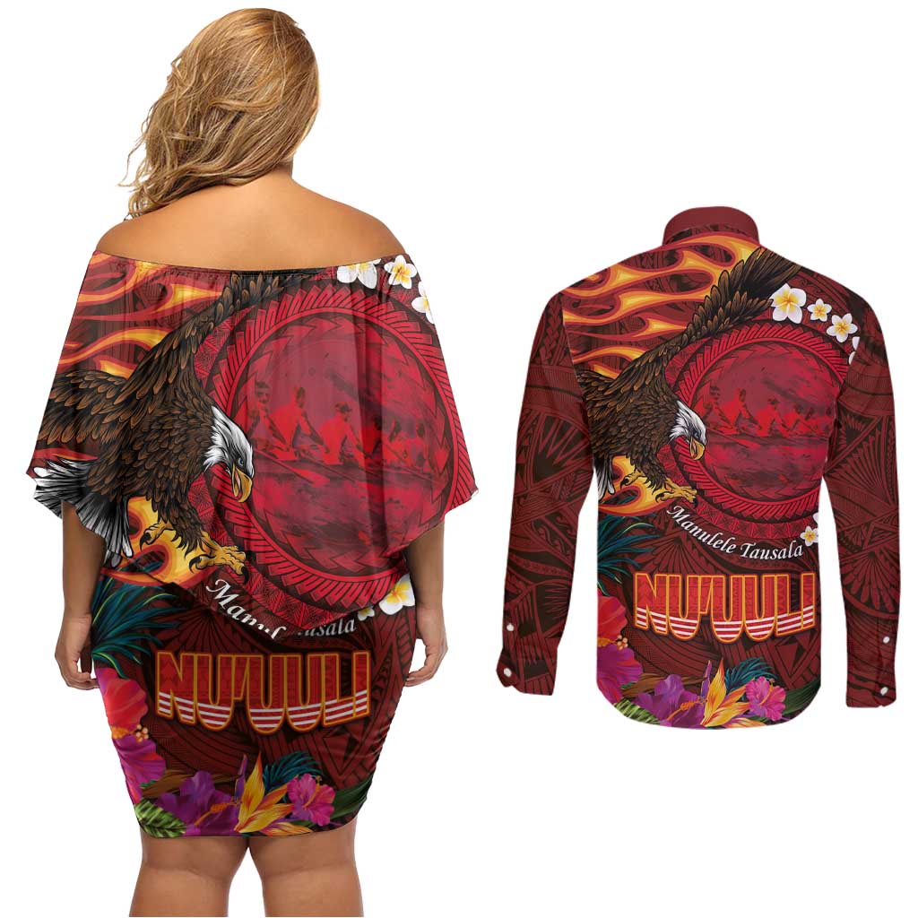 American Samoa Manulele Tausala Nu'uuli Couples Matching Off Shoulder Short Dress and Long Sleeve Button Shirt Tatau Art Pattern with Tropical Plants