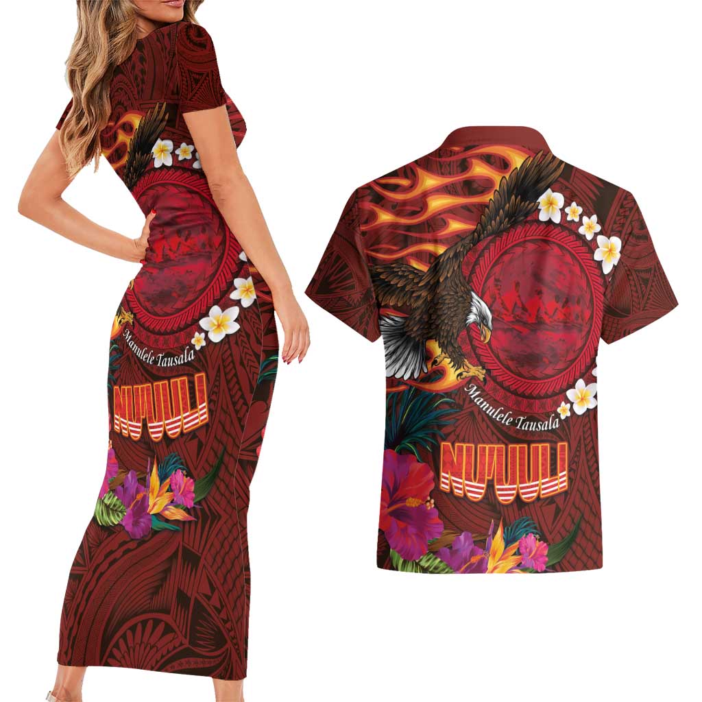 American Samoa Manulele Tausala Nu'uuli Couples Matching Short Sleeve Bodycon Dress and Hawaiian Shirt Tatau Art Pattern with Tropical Plants