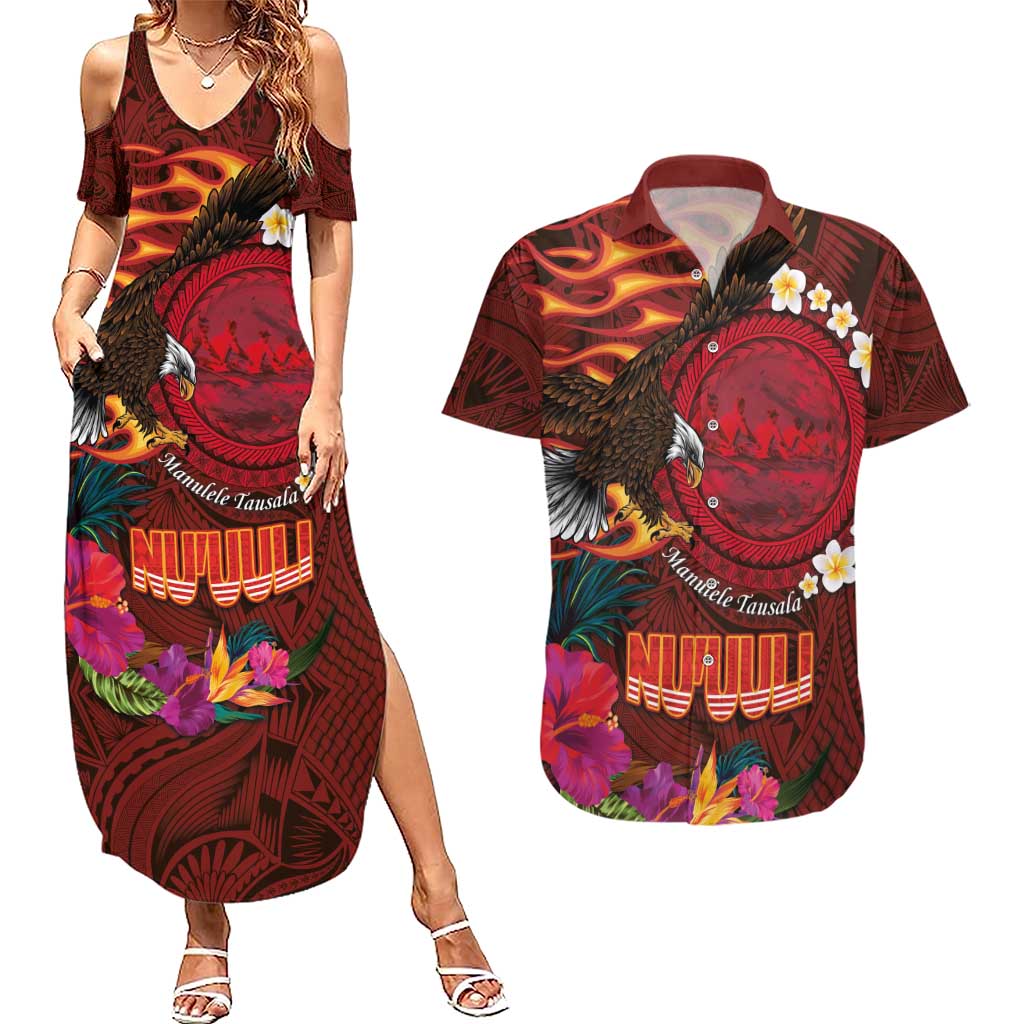 American Samoa Manulele Tausala Nu'uuli Couples Matching Summer Maxi Dress and Hawaiian Shirt Tatau Art Pattern with Tropical Plants LT03 Red - Polynesian Pride