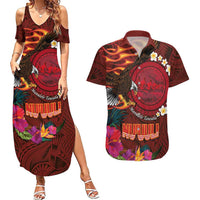 American Samoa Manulele Tausala Nu'uuli Couples Matching Summer Maxi Dress and Hawaiian Shirt Tatau Art Pattern with Tropical Plants LT03 Red - Polynesian Pride