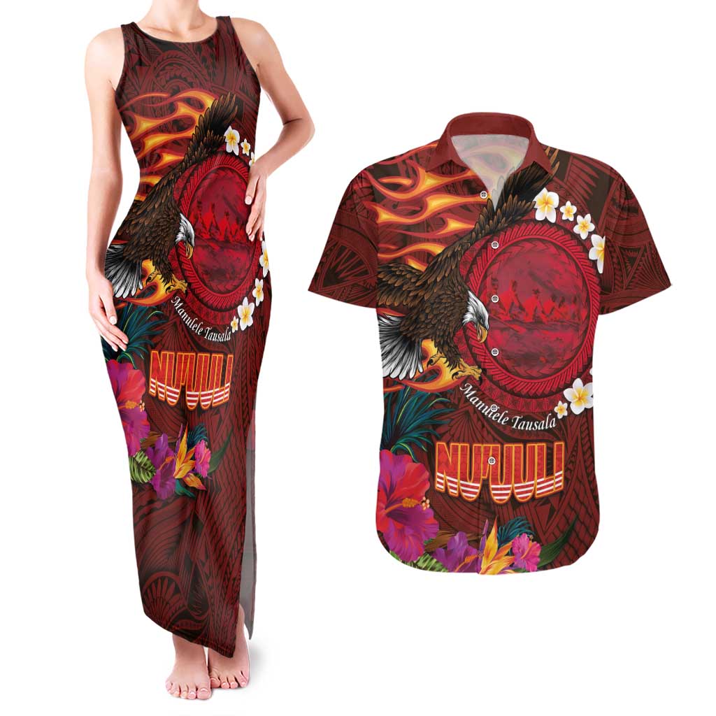 American Samoa Manulele Tausala Nu'uuli Couples Matching Tank Maxi Dress and Hawaiian Shirt Tatau Art Pattern with Tropical Plants LT03 Red - Polynesian Pride