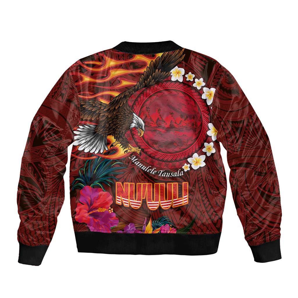 American Samoa Manulele Tausala Nu'uuli Sleeve Zip Bomber Jacket Tatau Art Pattern with Tropical Plants