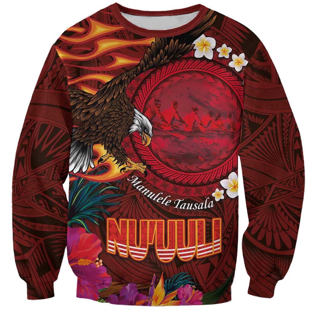 American Samoa Manulele Tausala Nu'uuli Sweatshirt Tatau Art Pattern with Tropical Plants LT03 Unisex Red - Polynesian Pride