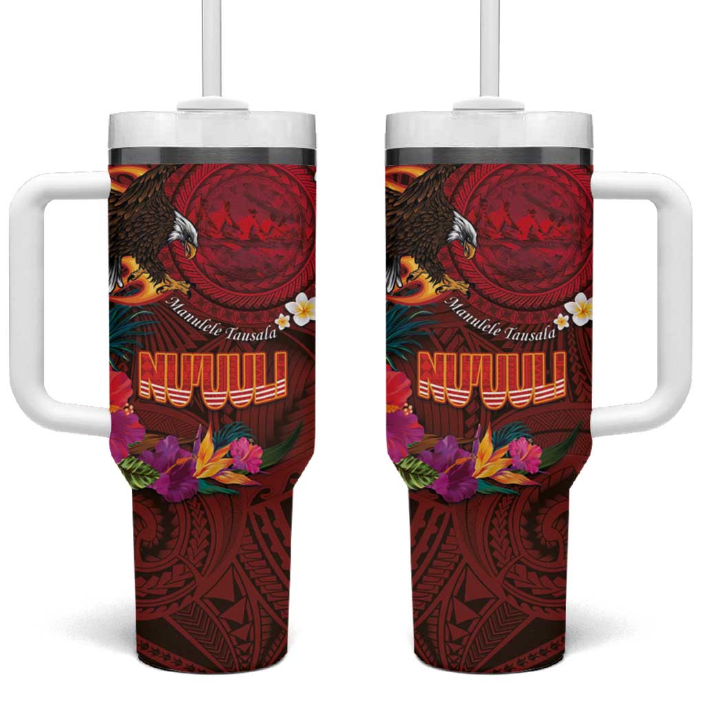 American Samoa Manulele Tausala Nu'uuli Tumbler With Handle Tatau Art Pattern with Tropical Plants LT03 One Size: 40 oz Red - Polynesian Pride