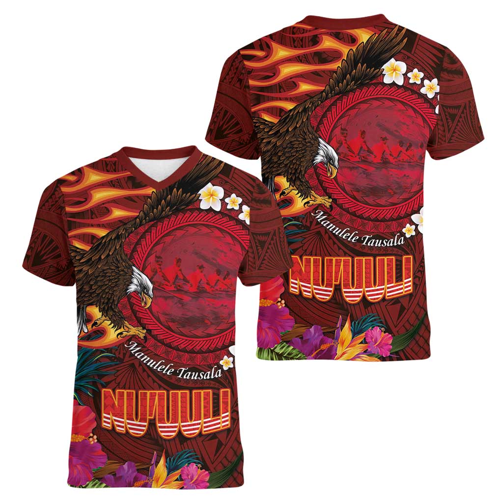 American Samoa Manulele Tausala Nu'uuli Women V-Neck T-Shirt Tatau Art Pattern with Tropical Plants