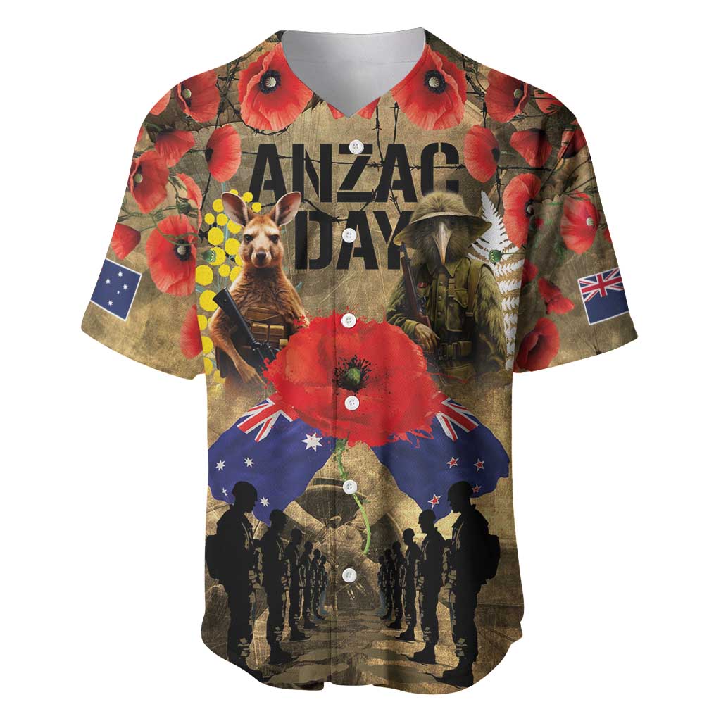 Australia and New Zealand ANZAC Day Baseball Jersey Kangaroo and Kiwi Bird Soldier-Honor and Remember Vintage Style