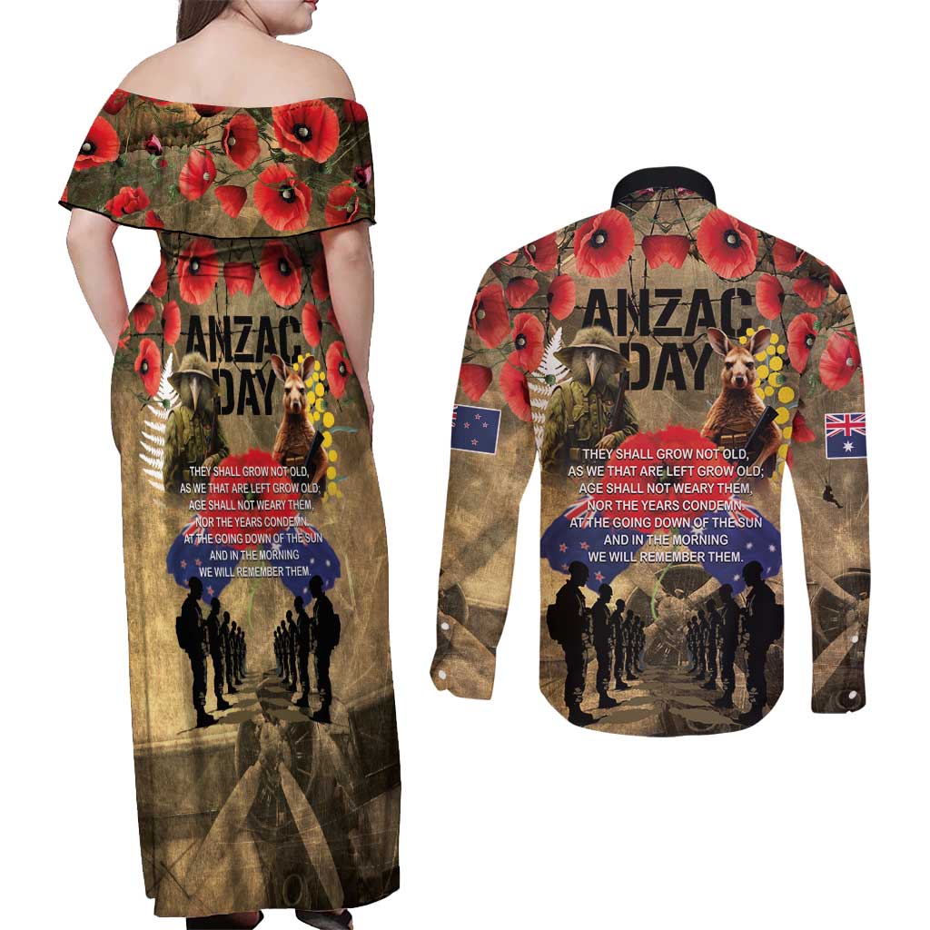 Australia and New Zealand ANZAC Day Couples Matching Off Shoulder Maxi Dress and Long Sleeve Button Shirt Kangaroo and Kiwi Bird Soldier-Honor and Remember Vintage Style