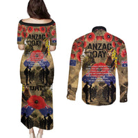 Australia and New Zealand ANZAC Day Couples Matching Puletasi and Long Sleeve Button Shirt Kangaroo and Kiwi Bird Soldier-Honor and Remember Vintage Style