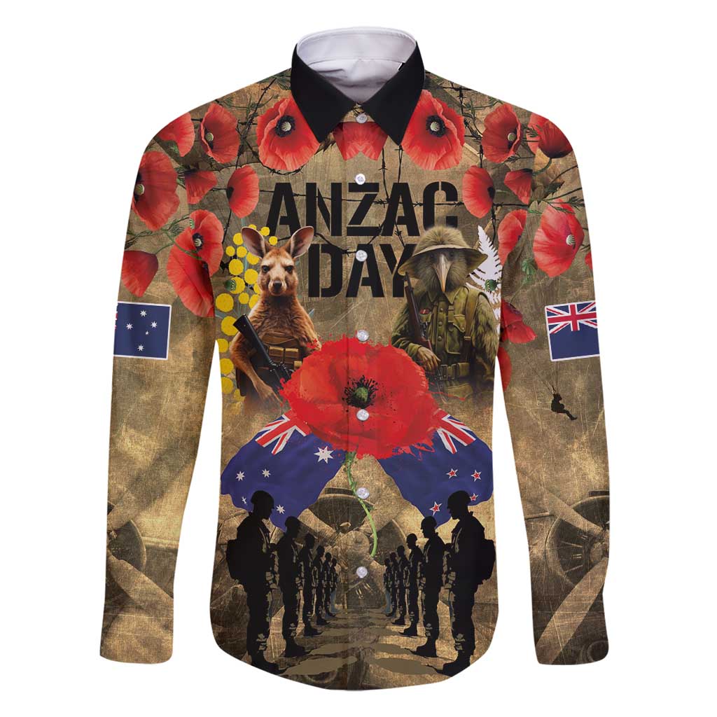 Australia and New Zealand ANZAC Day Family Matching Long Sleeve Bodycon Dress and Hawaiian Shirt Kangaroo and Kiwi Bird Soldier-Honor and Remember Vintage Style